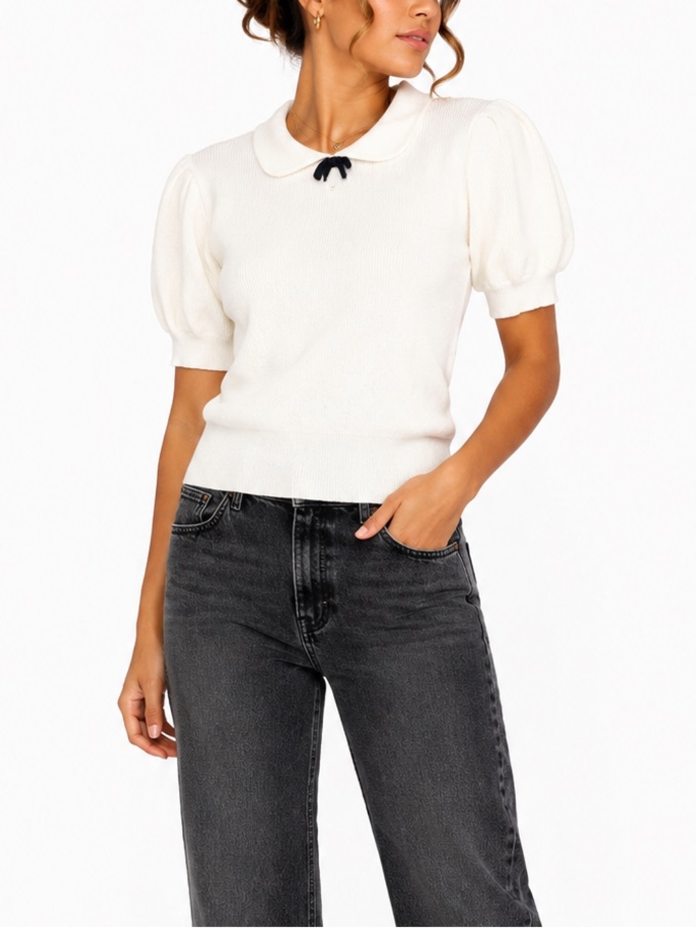 Cloud Ten White Ribbed Puff Sleeve Knit Top | Peter Pan Collar | Size S